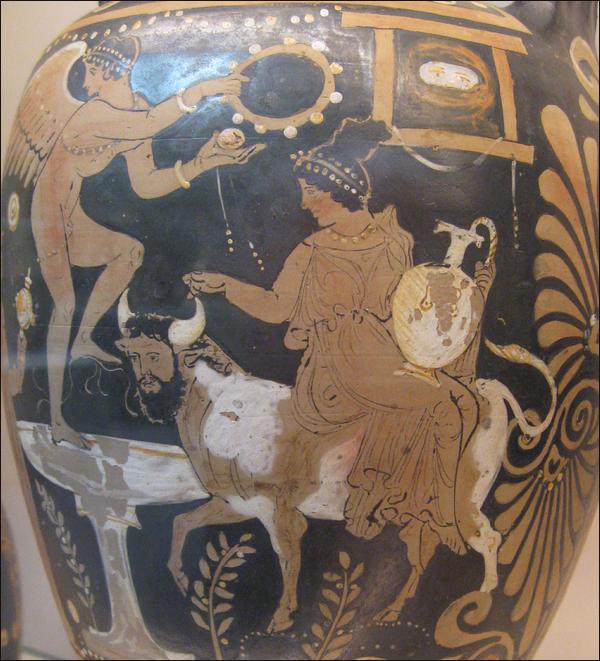 Nymph riding a River God
