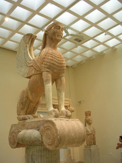 A partially reconstructed sphinx at the museum at Delphi.